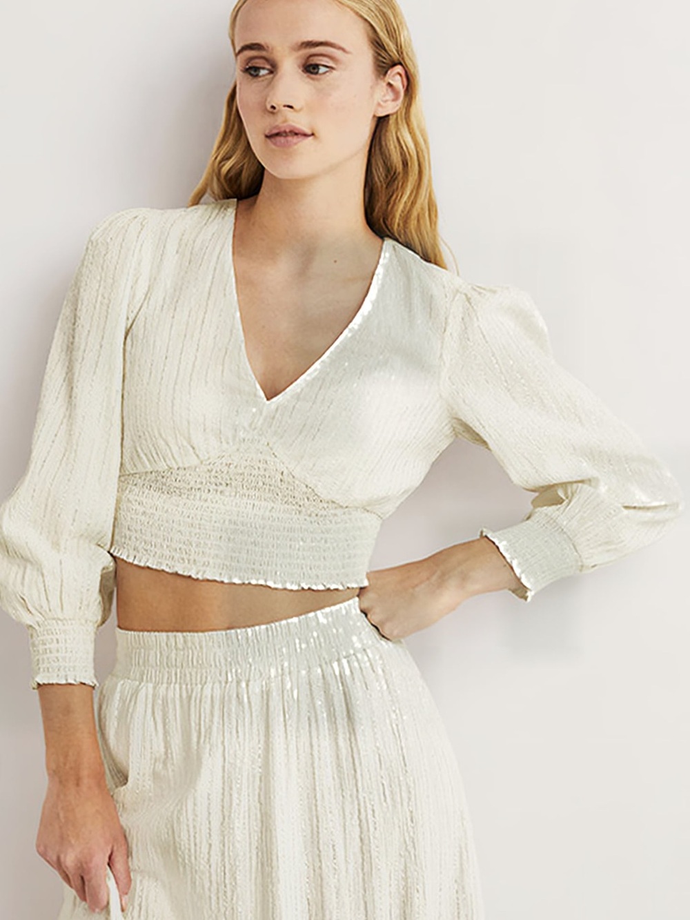 NWT BODEN LUREX Cropped V-Neck Smocked Waist Top in Ivory